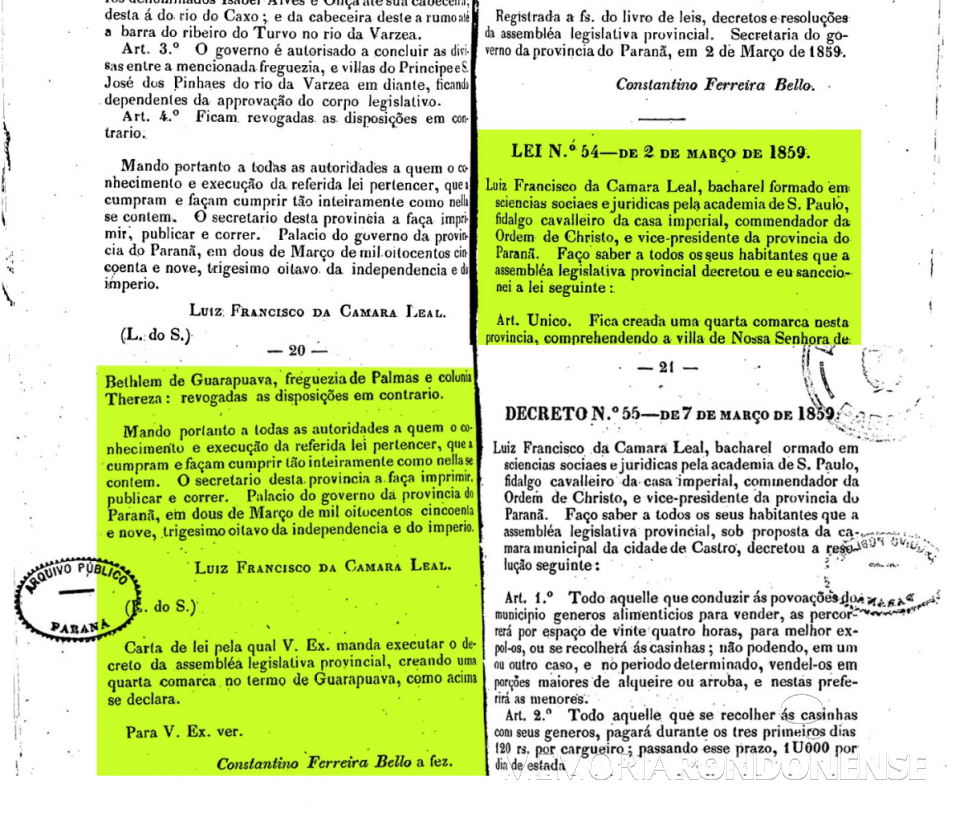 || Publicação da Lei nº 54 que criou a 4ª Comarca da Província do Paraná, em Guarapuava, em março de 1859.
Imagem: Acervo Público do Paraná - FOTO 2 - 