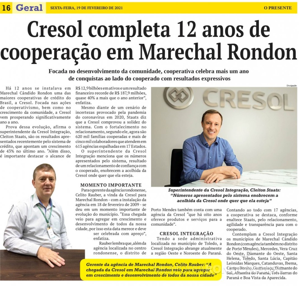 || Recorte jornalístico do jornal rondonense O Presente sobre os 12 anos da presença da Cresol no município de Marechal Cândido Rondon. Imagem: Acervo O Presente - FOTO 8 -