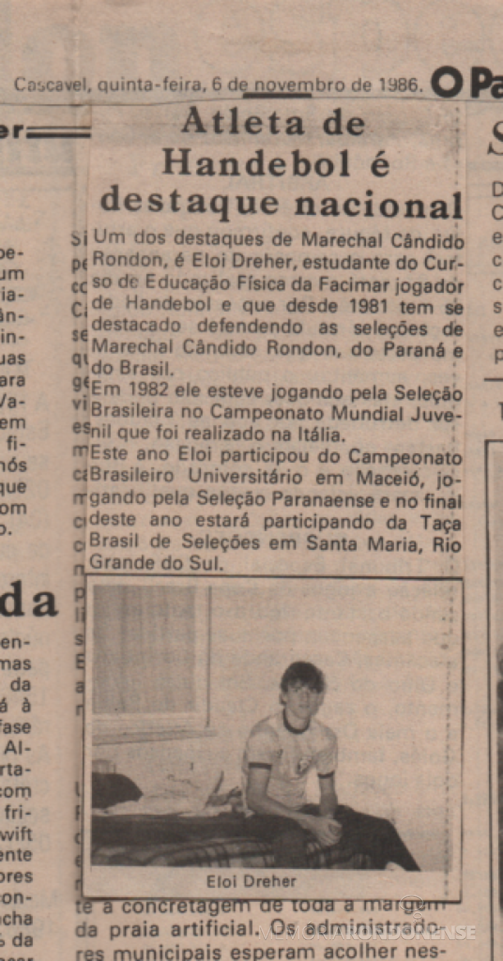 || Atleta rondonense Eloi Dreher em destaque no jornal cascavelense 