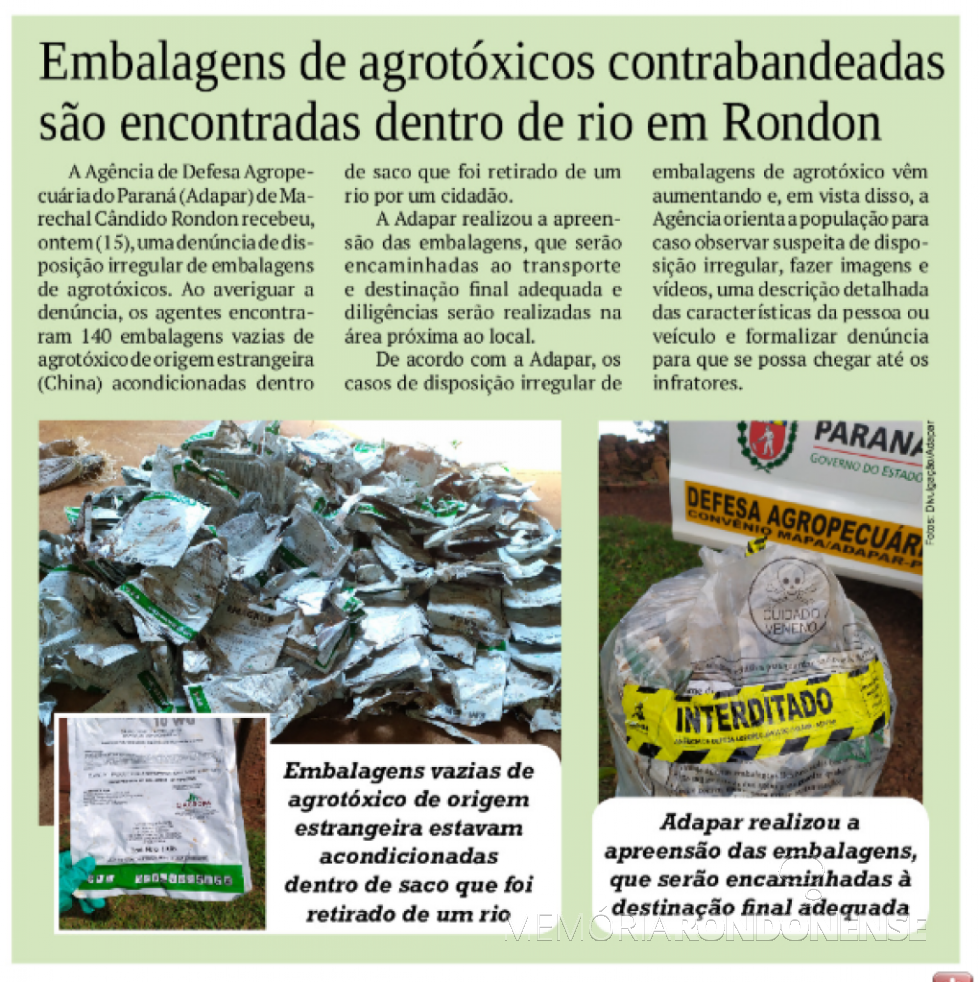 || Matéria do jornal rondonense O Presente sobre o descarte irregular de embalagem vazia de agrotóxico contrabandeiado, em março de 2021.
Imagem: Acervo do informativo - FOTO 26 - 