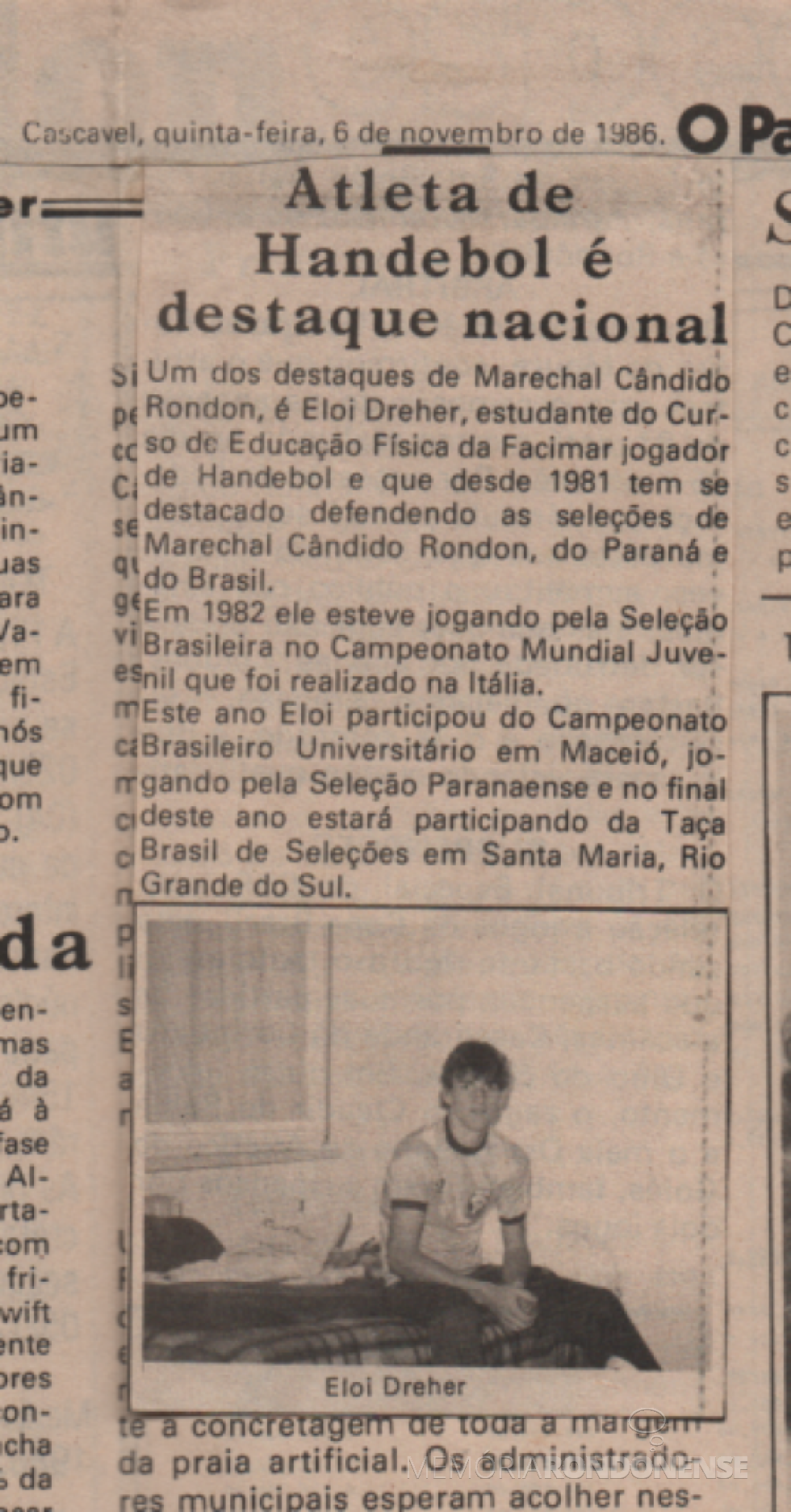 || Atleta rondonense Eloi Dreher em destaque no jornal cascavelense
