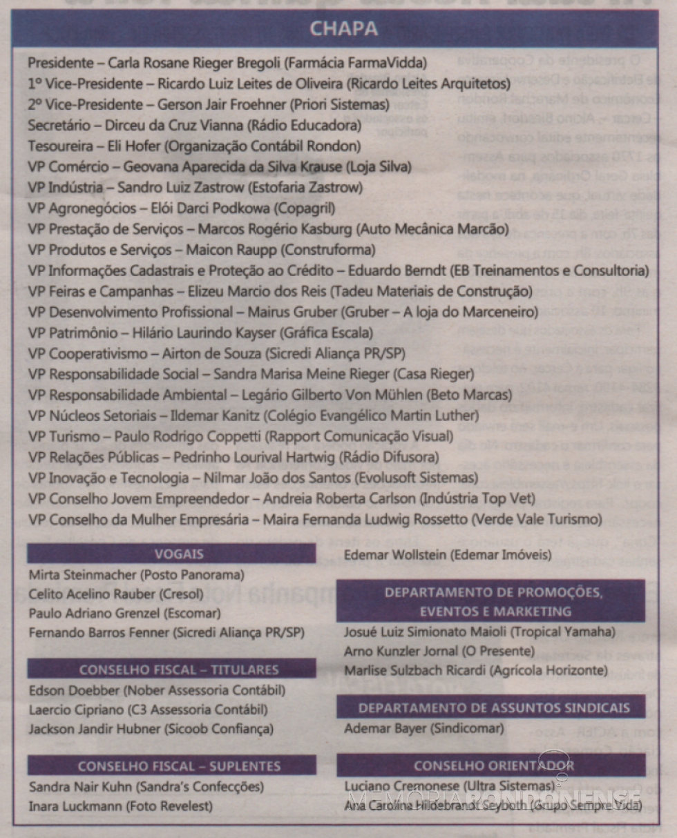|| Composição da diretoria executiva e presidências de órgãos vinculados à Acimacar para a gestão 2020/2021.
Imagem: Acervo Tribuna do Oeste - FOTO 28 -