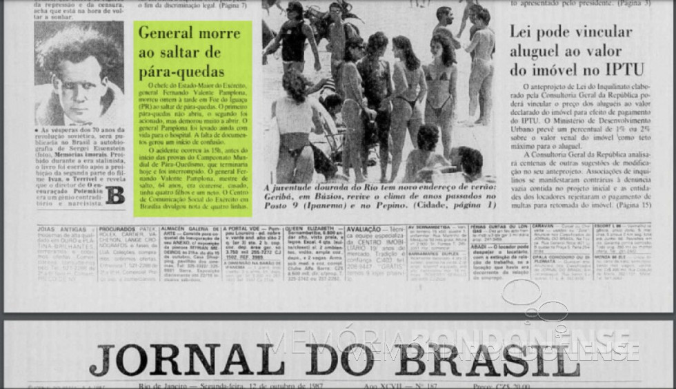 || Nota do Jornal do Brasil sobre a acidente com o General Fernando Valente Pamplona, na cidade de Foz do Iguaçu, em outubro de 1987.
Imagem: Acervo Biblioteca Nacional - FOTO 10 -