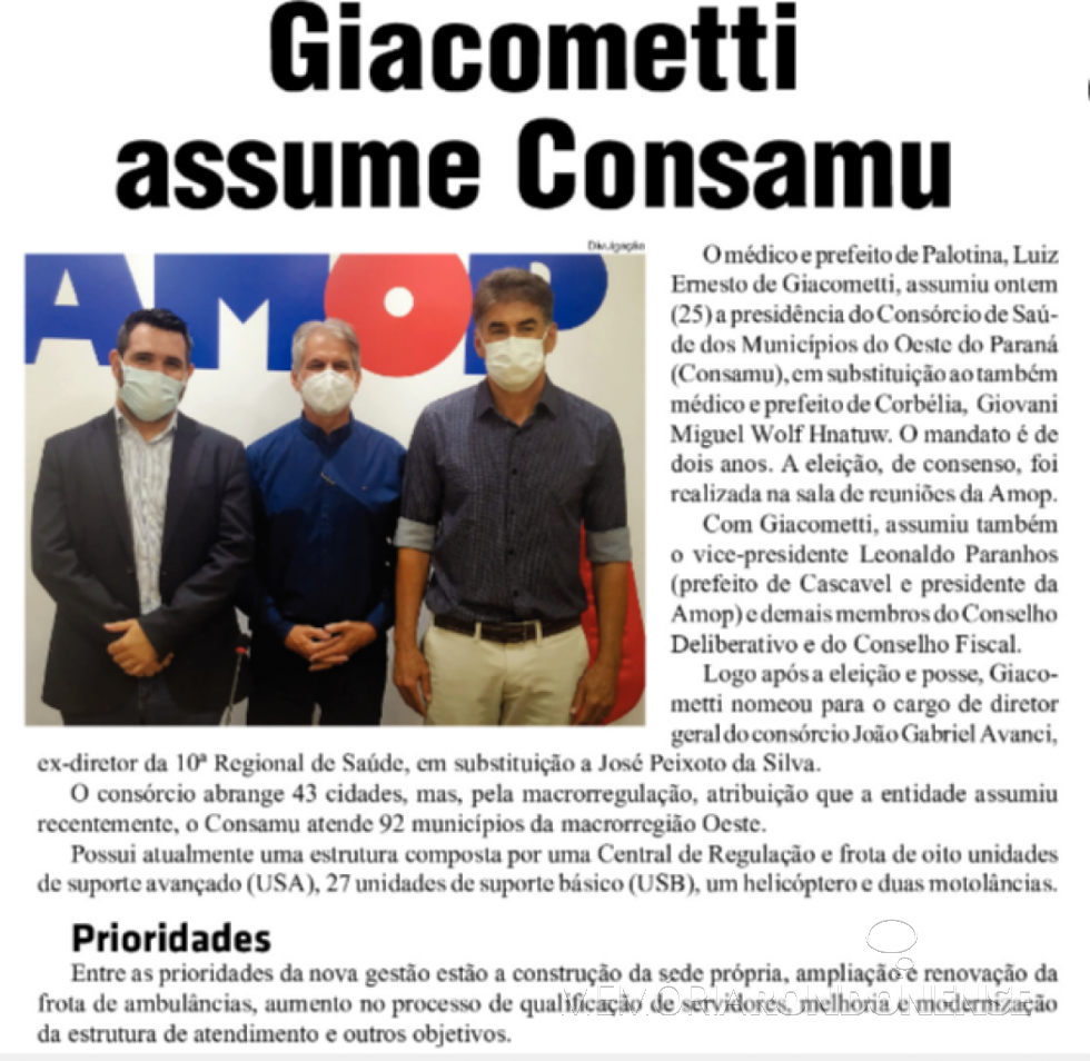 || Destaque do jornal rondonense O Presente sobre a posse na presidência do CONSAMU, em final de março de 2021.
Imagem: Acervo do informativo - FOTO 13 - 