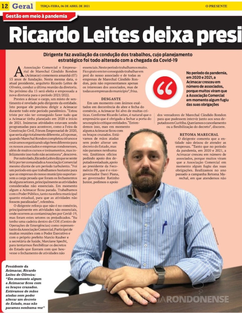 || 1ª parte da entrevista de Ricardo Leites de Oliveira ao jornal O Presente, em abril de 2021.
Imagem: Acervo do periódico - FOTO 19 - 