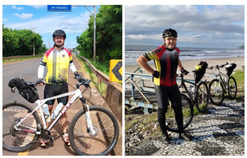|| Ciclistas rondonenses Adriano Kotz (e) e Sérgio Mokfa que se aventuram em percorrer o Paraná, de oeste a leste, de bicicleta, iniciando a viagem em final de março de 2021.
Imagem: Acervo O Presente - FOTO 20 -
