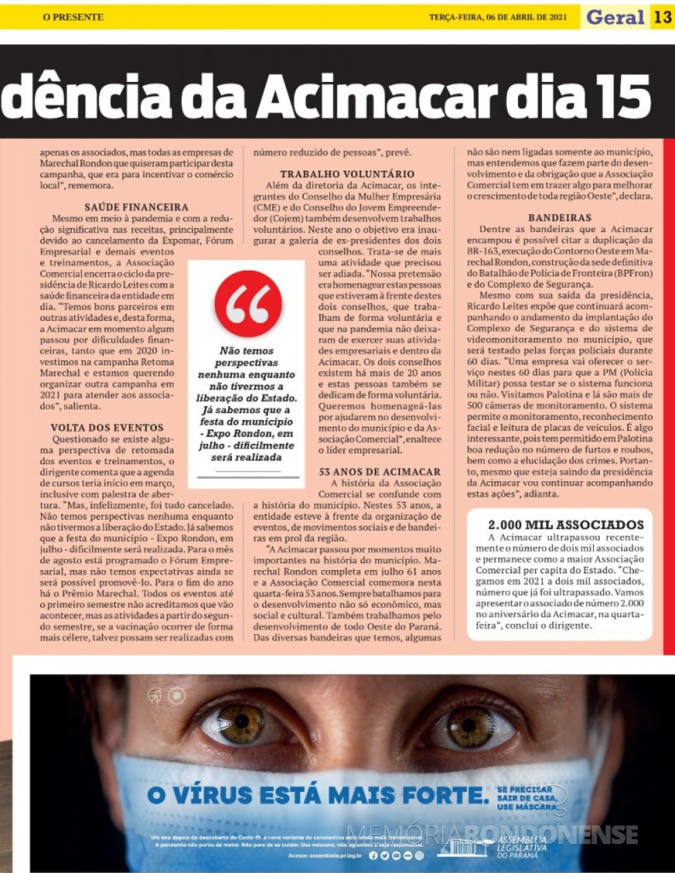 || Parte final da entrevista de Ricardo Leites de Oliveira para o Presente, em abril de 2021.
Imagem: Acervo do informativo - FOTO 23 -