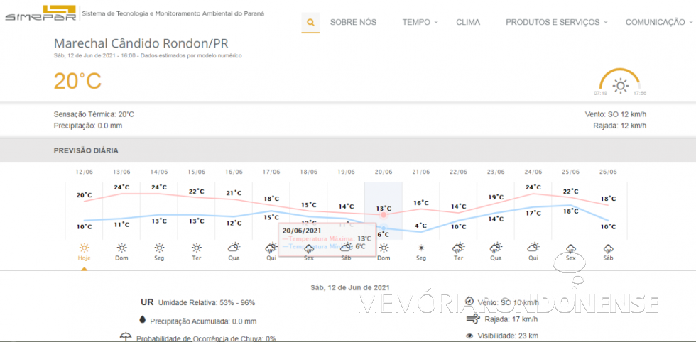 || Card da previsão do Serviço de Meteorologia do Paraná para Marechal Cândido Rondon,  12 de junho de 2021 e dias subsequentes.
Imagem: Acervo Simepar - FOTO 11 -
