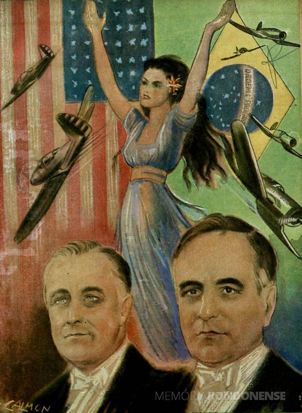 || Alegoria celebrando a Aliança entre os Estados Unidos de Franklin D. Roosevelt e o Brasil de Getúlio Vargas durante a Segunda Guerra Mundial, em 1942. Pintura de Calmon Barreto.
Imagem: Acervo O Passado do Brasil/Facebbok - FOTO 6 -