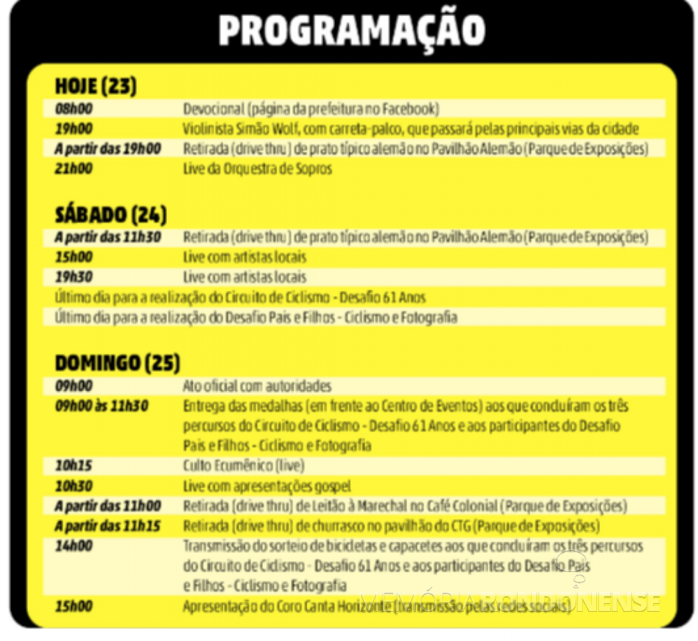 || Estampa final da agenda de eventos comemorativos aos 61 anos de Marechal Cândido Rondon.
Imagem: Acervo O Presente - FOTO 30 - 