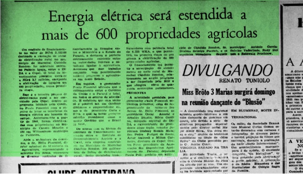 || Matéria informativa do Diário da Tarde sobre o financiamento para eletrificação rural em Marechal Cândido Rondon.
Imagem: Acervo Biblioteca Nacional - FOTO 8 - 