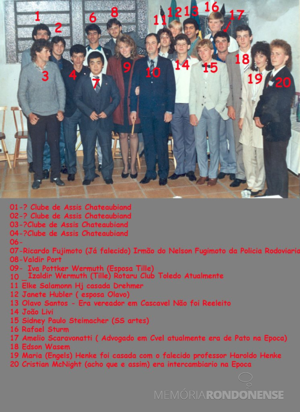 || Primeira formação do Rotarct de Marechal Cândido Rondon, entre eles os membros empossados como primeira diretora, em junho de 1988.
Imagem: Acervo e identificação Rafael Orlando Sturm - FOTO 27 -