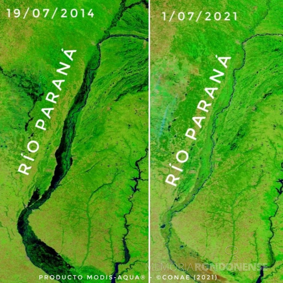 || Fotografias de satélite  mostrando o volume de água do Rio Paraná em 2014 e em 2021(um mero filete hídrico).
Imagem: Acervo Conae/ Compre Rural - FOTO 27 -
