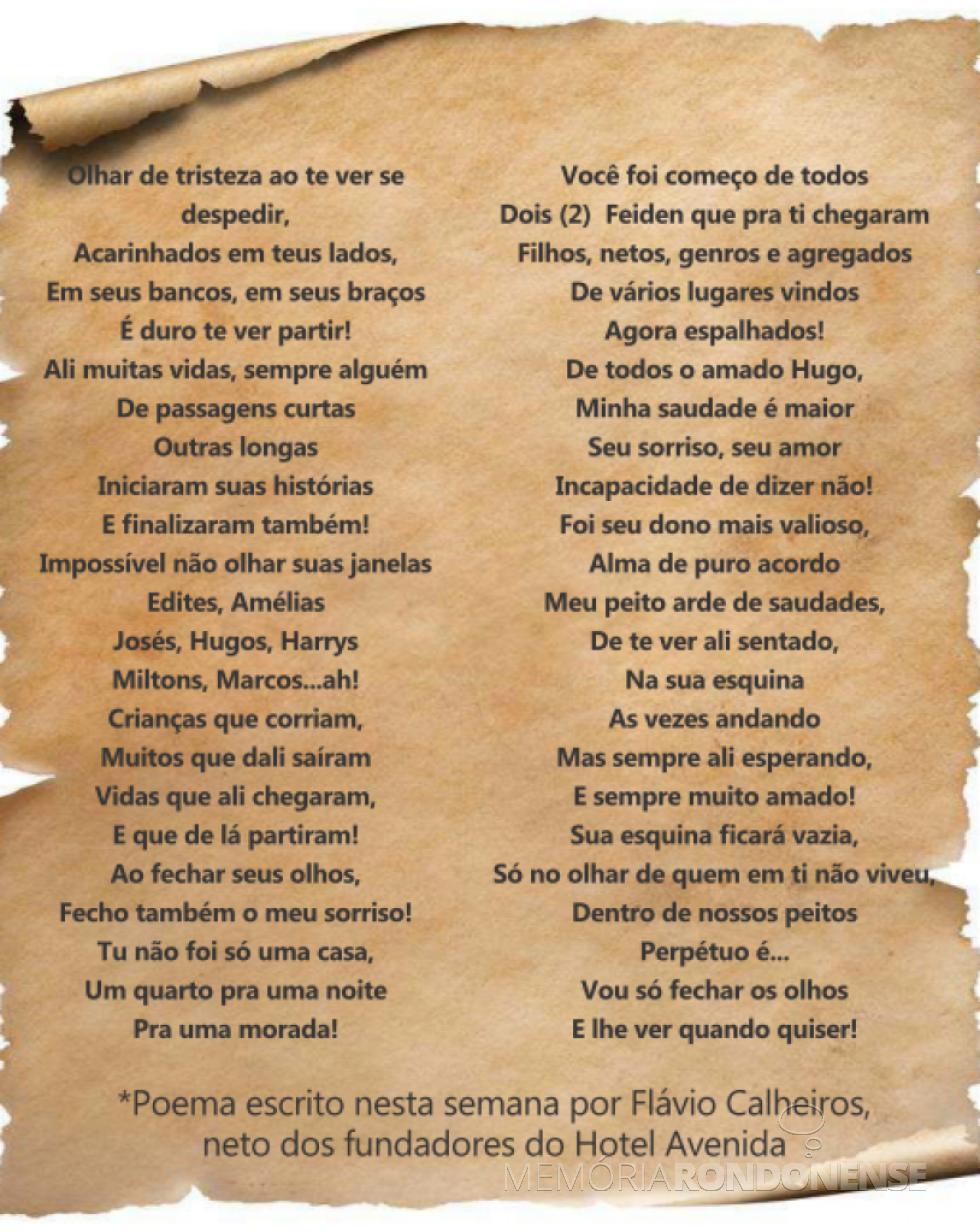 || Poema de Fernando Calheiros, neto de Amélia (nascida Vencatto) e José Feiden,  em homenagem ao Hotel Avenida.
Imagem: Acervo Tribuna do Oeste - FOTO 16 -