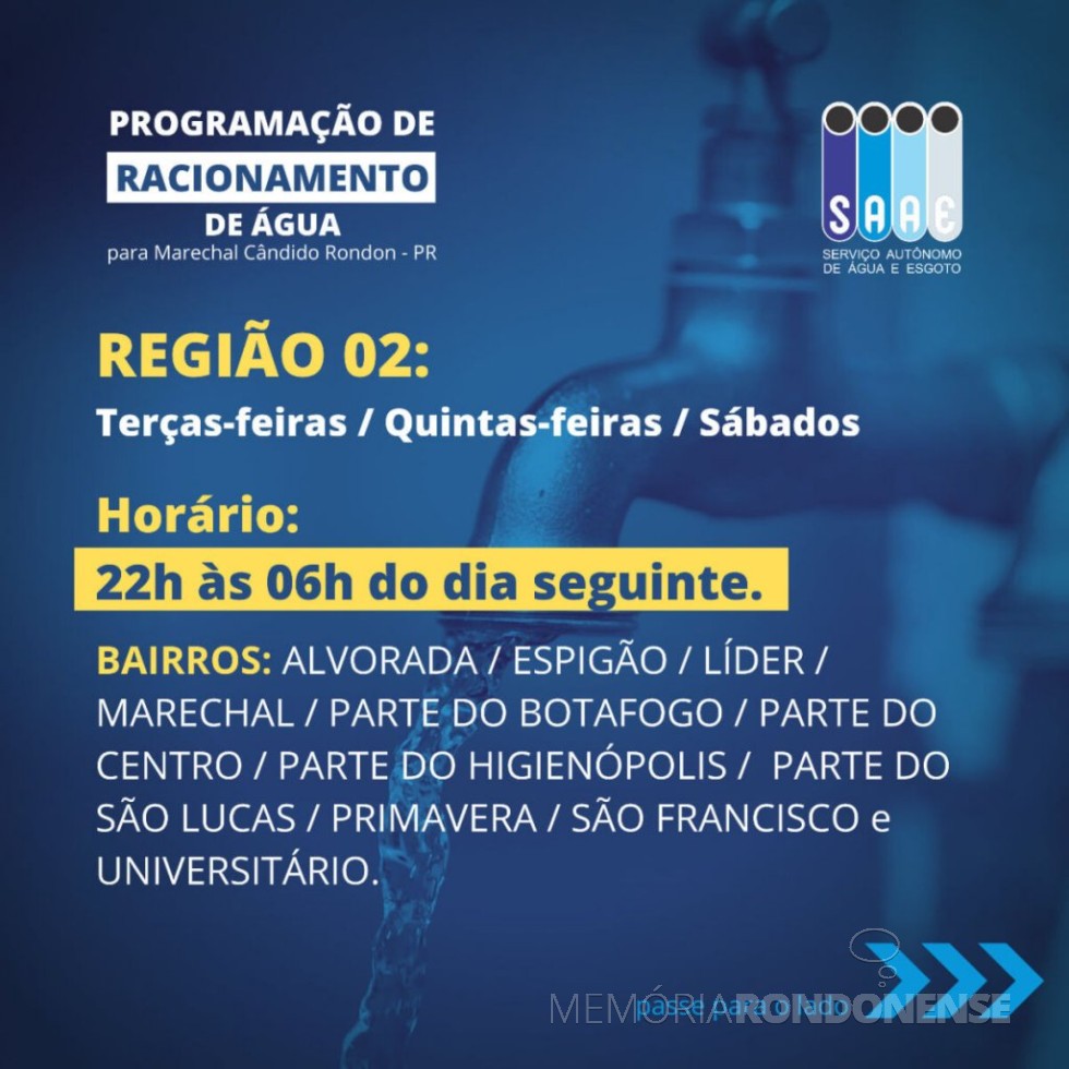 || Card indicativo dos dias de racionamento de água na Região 02 na cidade de Marechal Cândido Rondon. 
Imagem: Acervo Portal Rondon - FOTO 25 - 