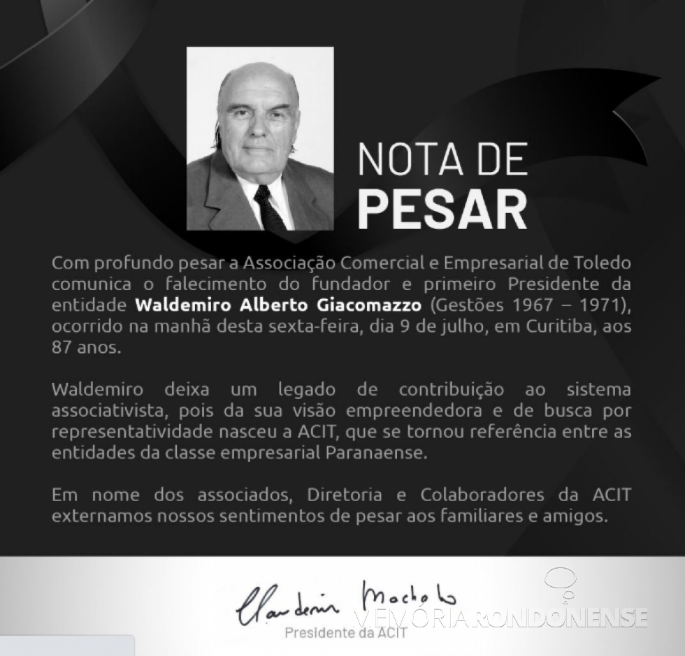 || Nota de Pesar da ACIT pelo falecimento de seu primeiro presidente, Waldemiro Alberto Giacomazzo, em julho de 2021.
Imagem: Acervo ACIT - FOTO 22 -