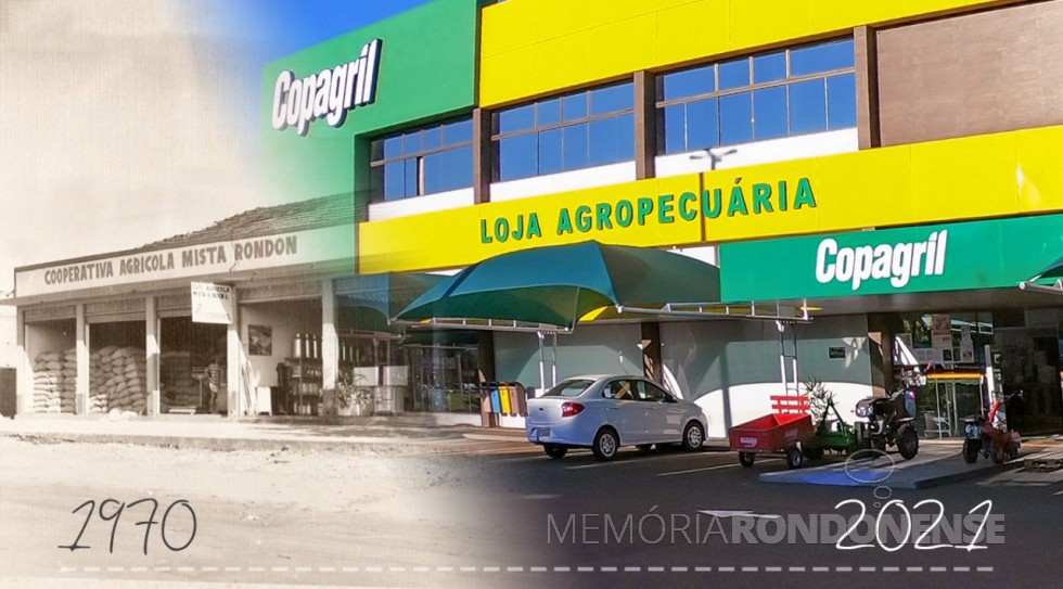 || Composição comparativa da loja agropecuária da Copagril em 1970  e o complexo em 2021, junto a sede central.
Imagens e montagem: Comunicação Copagril - FOTO 27 -