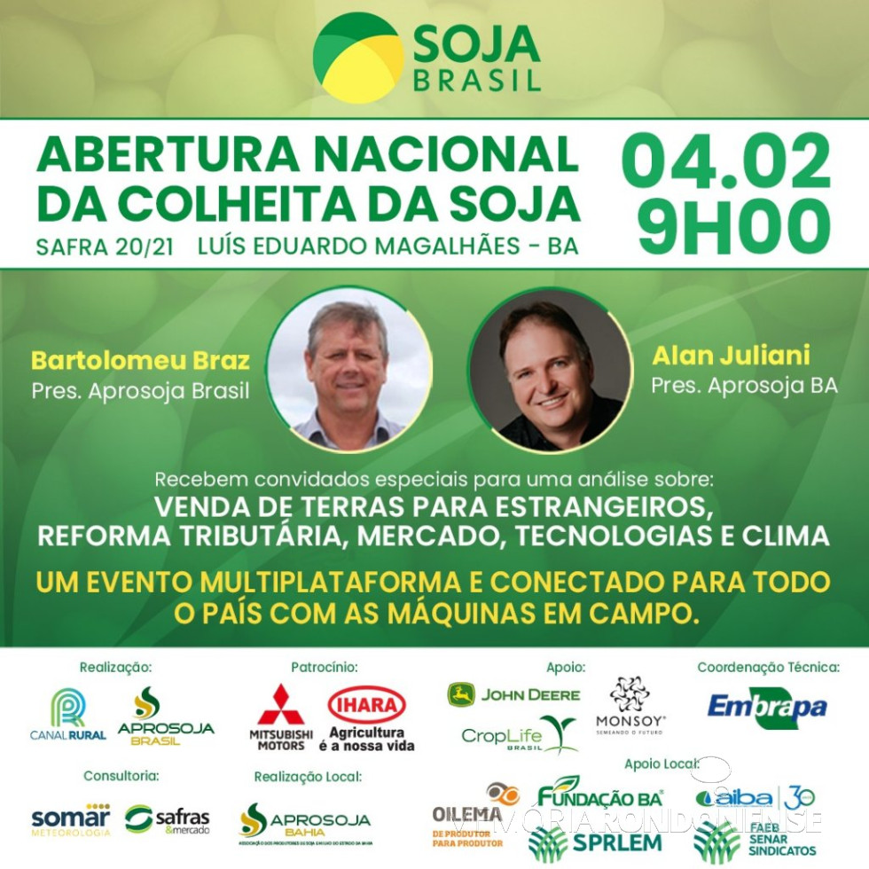 || Banner para Abertura Nacional da Colheita da Soja 2020/2021, em fevereiro de 2021.
Imagem: Acervo Aprosoja Brasil - FOTO 15 -