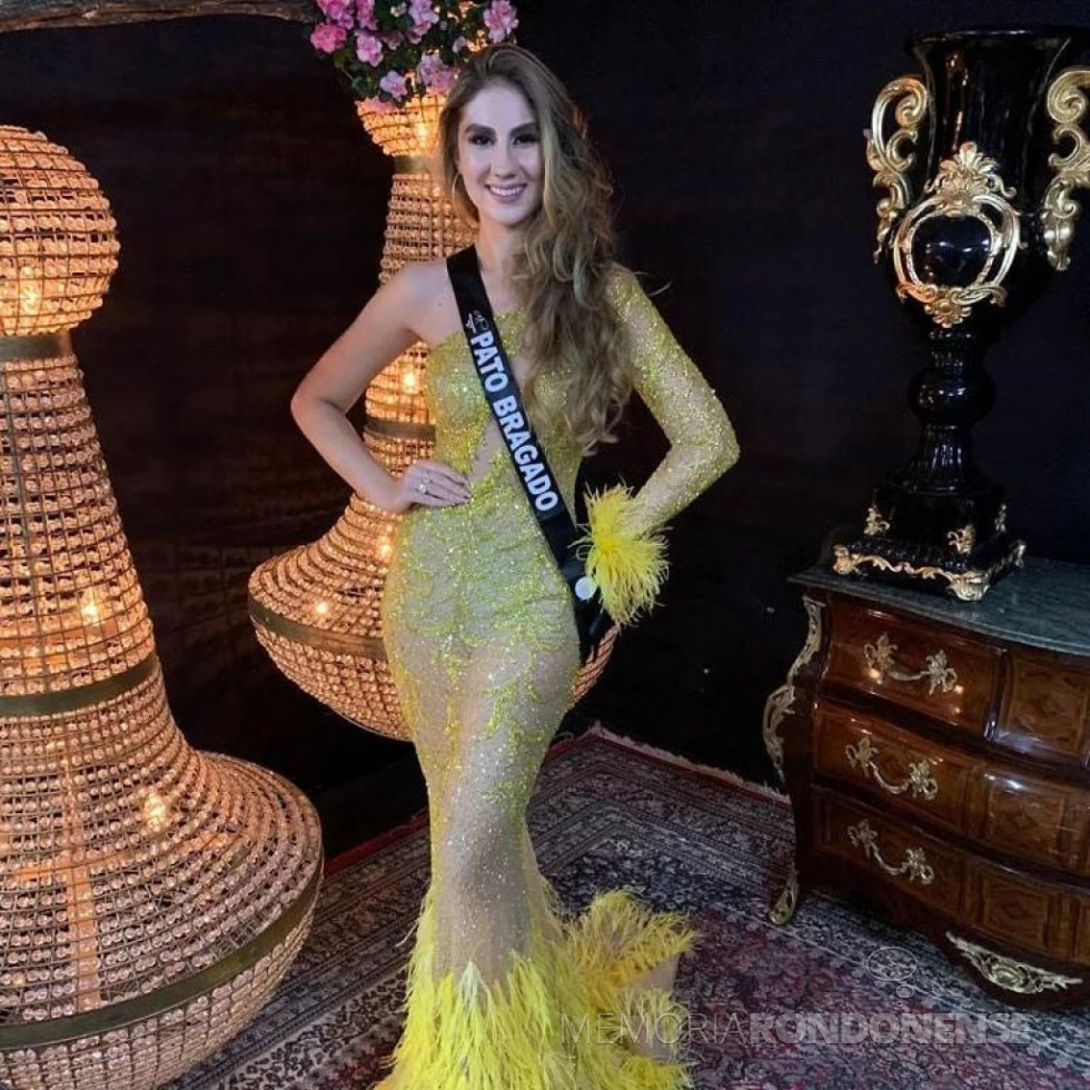 || Rafaela Kotz, Miss Pato Bragado, classificada entre as top 10 do Concurso Miss Universo Paraná 2021, em outubro de 2021.
Imagem: Acervo Prefeitura Municipal de Pato Bragado - FOTO 21 -