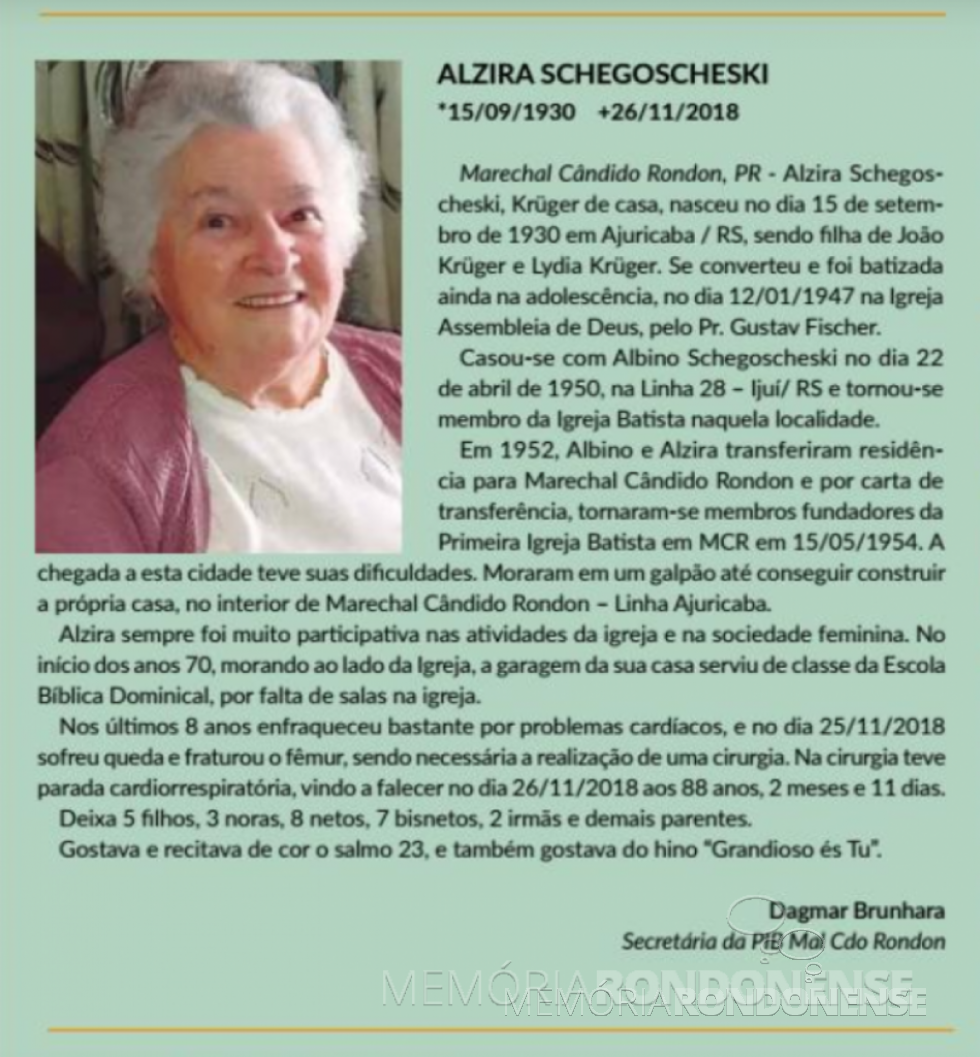|| Registro do falecimento de Alzira Schegoschewski  em novembro de 2020, registrado no Jornal O Batista Pioneiro - ed. Mai/Jun 2019. Imagem: Acervo do periódico - FOTO 18 -
