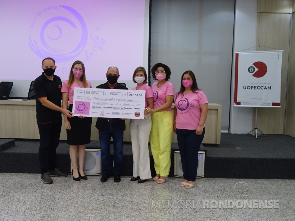 || Repasse de cheque para Uopeccan de Cascavel pelo Conselho da Mulher Empresária da Acimacar, em novembro de 2021.
Da esquerda à direita: Rafael Schroder, presidente da Associação Rondonense de Ciclismo (ARC);
Luciani Oliveira,
Wilson Riedlinger , representante da Uopeccan;
Maíra Rossetto, presidente do Conselho da Mulher Empresária;
Ivone Barbosa, e 
Marcia Schibichewski
Imagem: Acervo Acimacar - FOTO  12 - 