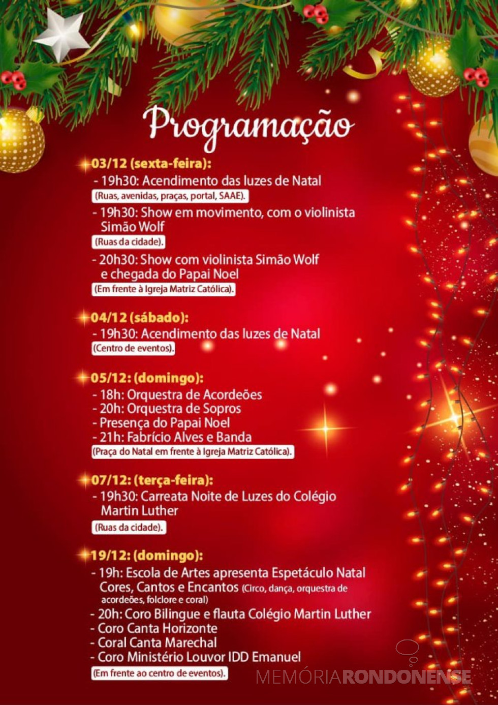 || Prospecto com a agenda de eventos alusiovos ao Natal 2021, em Marechal Cândido Rondon.
Imagem: Acervo Projeto Memória Rondonense - FOTO 21 -