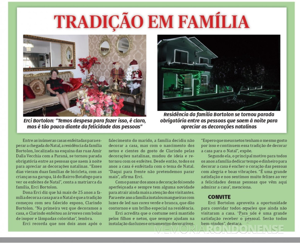 || Recorte do jornal O Presente ref. a decoração natalina na residência da rondonense Erci (nascida Dahmer) Bortolon, em dezembro de 2021.
Imagem: Acervo O Presente - FOTO 23 -