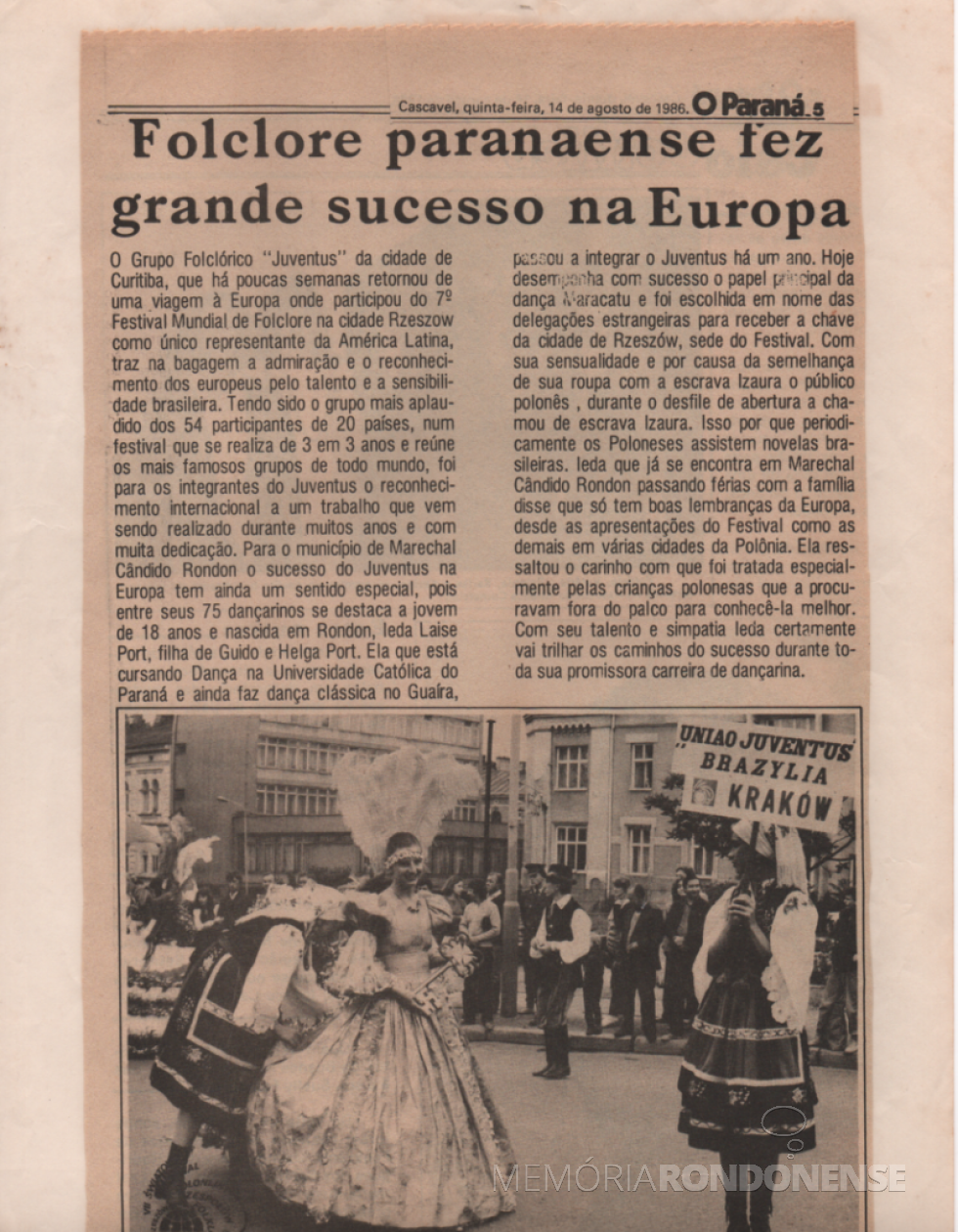 || Ieda Laise Port na abertura do VII Festival Folclórico de Rzeswóz. Destaque de O Paraná. Acervo Voni Berta Amaral - FOTO 12 -