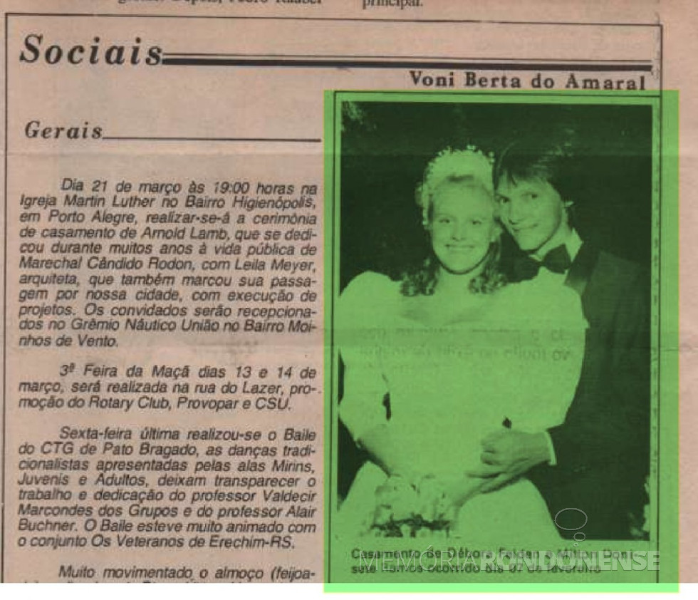 || Jovens Débora Feiden e Milton Donizete Ramos que casaram em fevereiro de 1987.
Imagem: Acervo O Paraná / Voni Berta do Amaral - FOTO 9 -