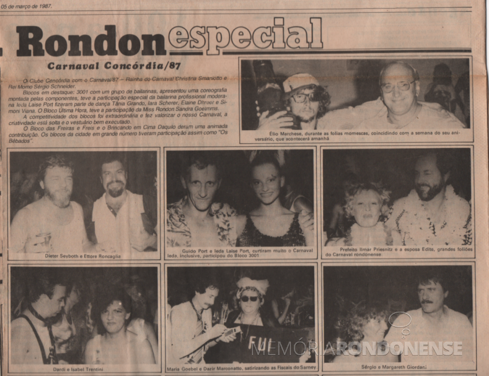 || Foliões no Carnaval 1987 de Marechal Cândido Rondon, no Clube Concórdia, em Março de 1987. 
Imagem: Acervo Voni Berta Amaral - FOTO 16 -
As fotos 16, 17,  18, 19  e 20 são do mesmo evento carnavalesco .
