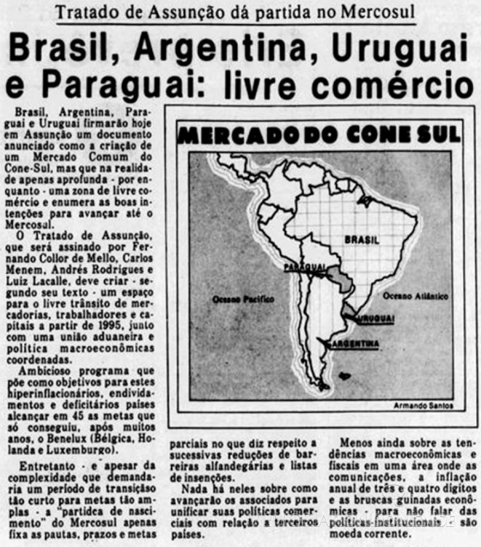 || Destaque do jornal Tribuna da Imprensa noticia em 1991 a criação do Mercosul, em março de 1991.
Imagem: Acervo Biblioteca Nacional - FOTO 8 -
|| Recorte de jornal não identificado sobre a formação do Mercosul.
Imagem: Acervo Projeto Memória Rondonense - FOTO 9 -