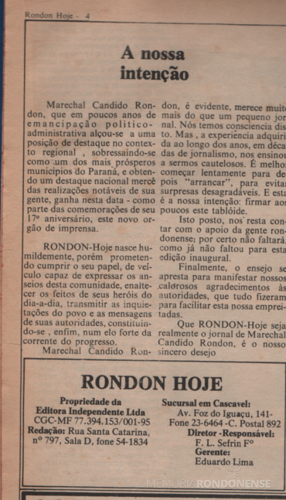 || Editorial de lançamento do jornal