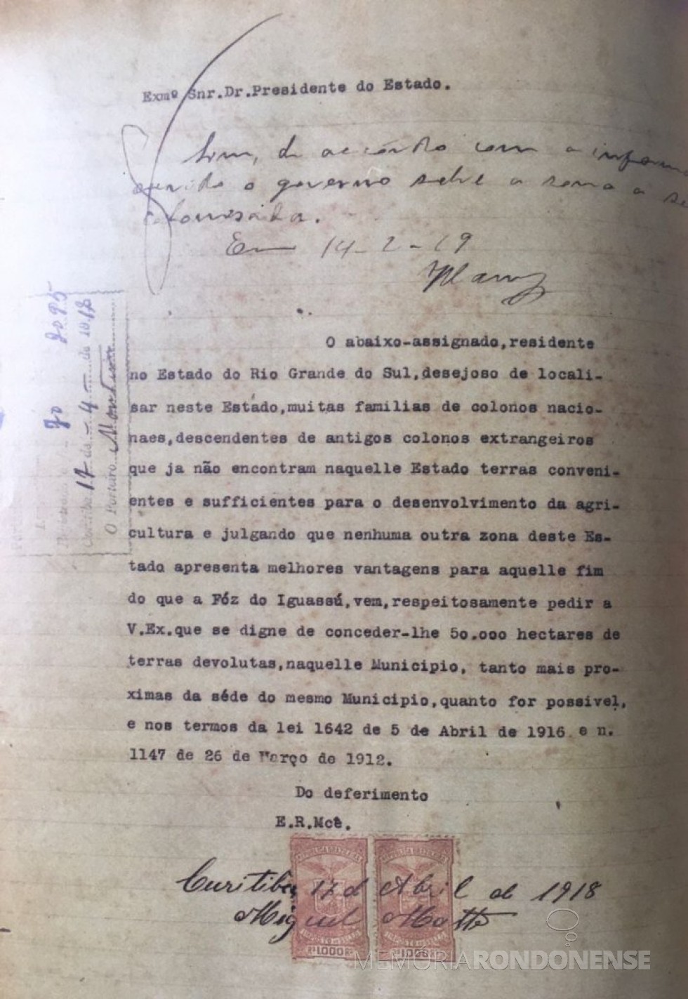 || equerimento de concessão de terras dirigido ao Governo do Paraná, por  Miguel Matte, em abril de 1918.
 Imagem: Acervo Arquivo Público do Paraná - FOTO 15 -