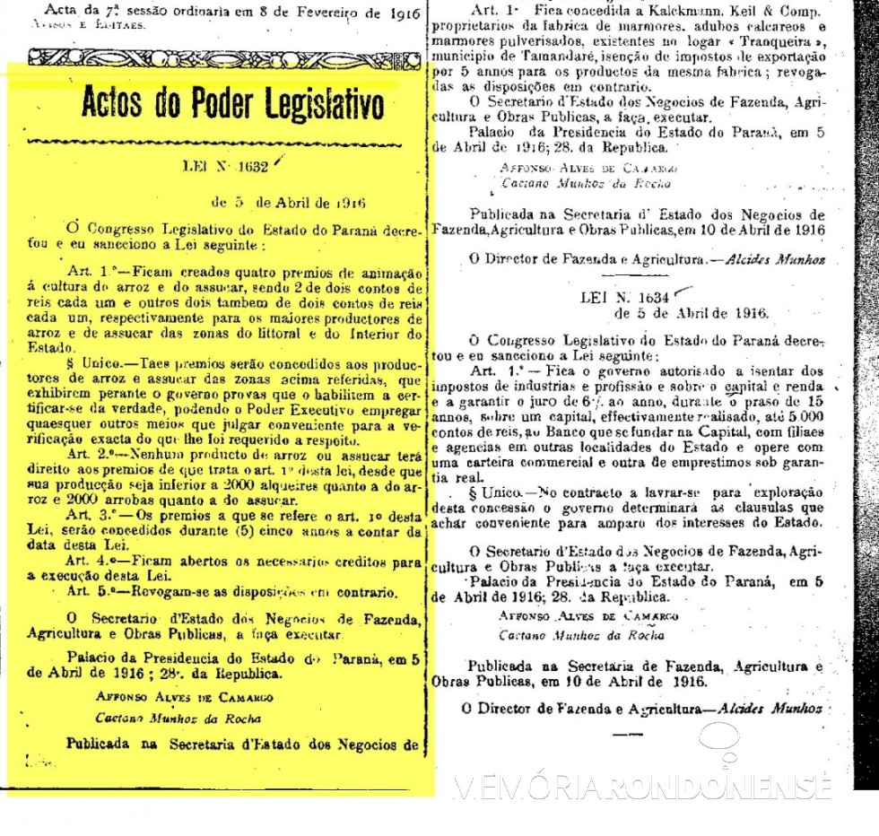 || Cópia da Lei nº 1.632/1916, publicado no Diário Oficial do Estado nº 1.231, Anno IV,  ed. de 15.04.1916.
Imagem: Acervo Arquivo Público do Paraná - FOTO 4 - 
