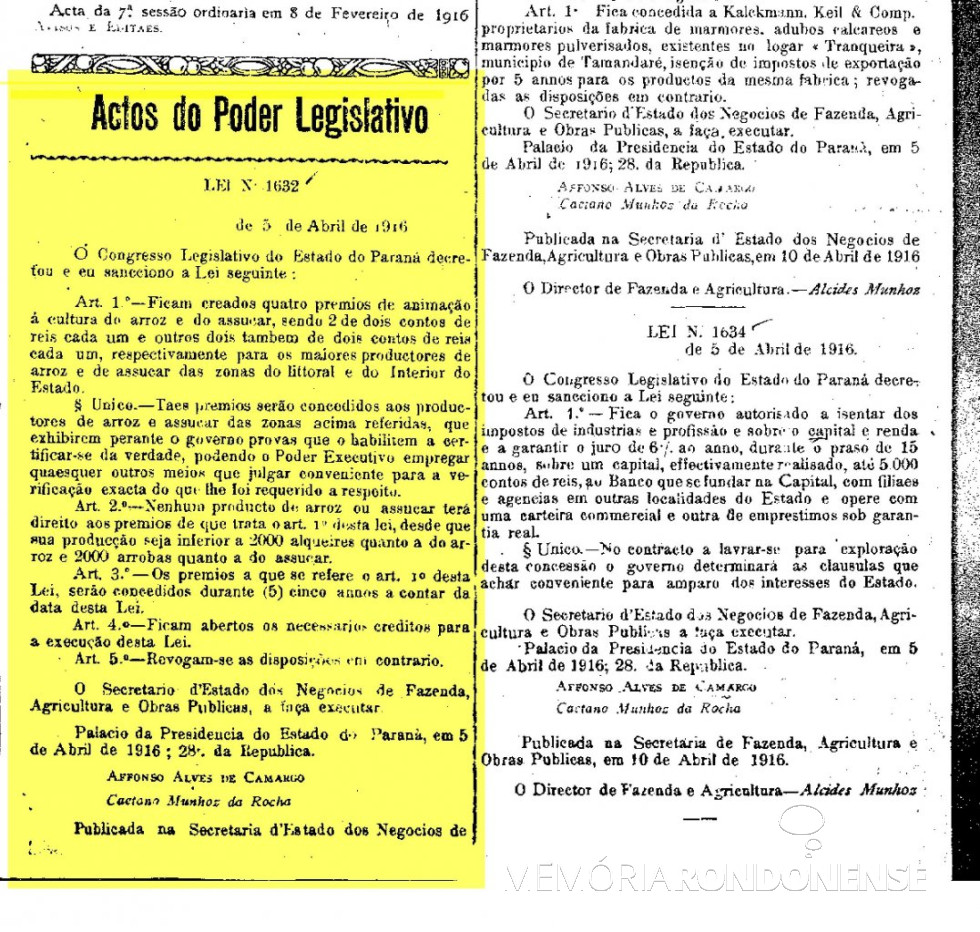 || Cópia da Lei nº 1.632/1916, publicado no Diário Oficial do Estado nº 1.231, Anno IV,  ed. de 15.04.1916.
Imagem: Acervo Arquivo Público do Paraná - FOTO 4 -
