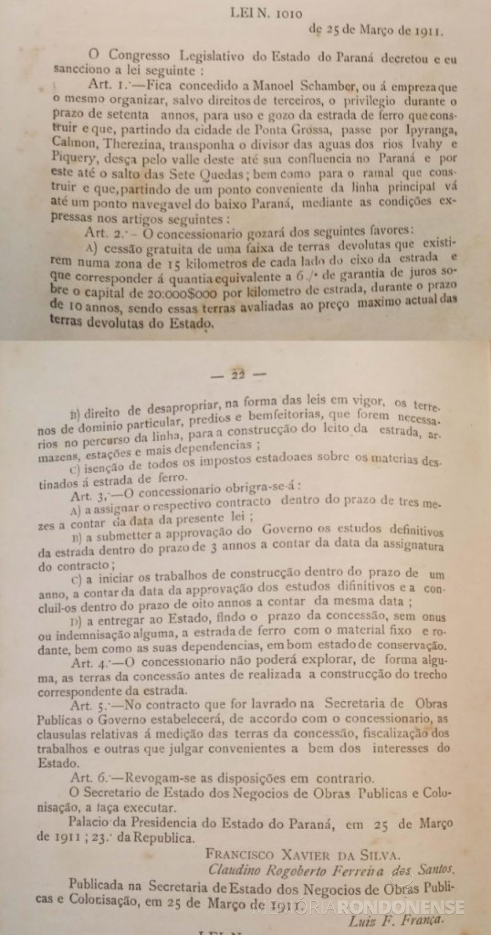 || Cópia da Lei nº 1010 que concedeu autorização a Manoel Schamber para construir uma ferroviária até o Rio Paraná, em março de 1911. 
- FOTO 5 -