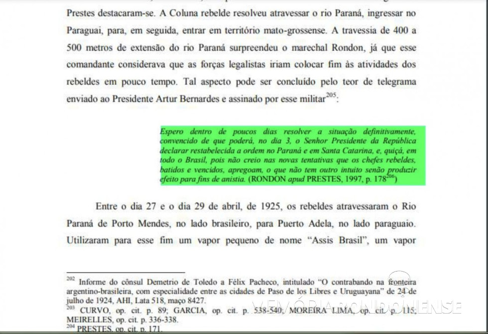 || Transcrição do telegrama do General Rondon para Arthur Bernardes, publicado em 