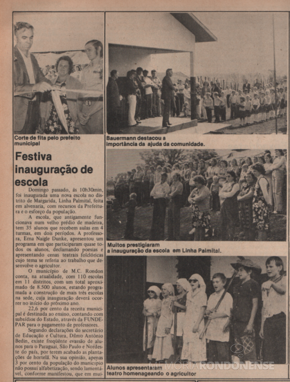 || Inauguração da escola de Linha Palmital, em agosto de 1977. Destaque do extinto jornal
