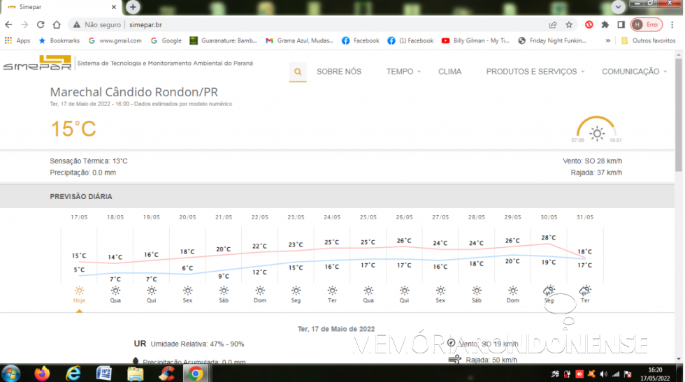 || Tela copiada da plataforma digital do Simepar com a previsão metereológica para o dia 17 de maio de 2022 e dias posteriores na cidade de Marechal Cândido Rondon. 
- FOTO 19 -