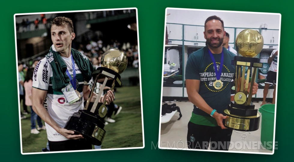 || Henrique Buss (e) e Renan Nunes com o troféu do Campeonato Paranaense 2022 conquistado pelo Coritiba FC, em abril de 2022.
Imagem: Acervo O Presente - FOTO 17 -