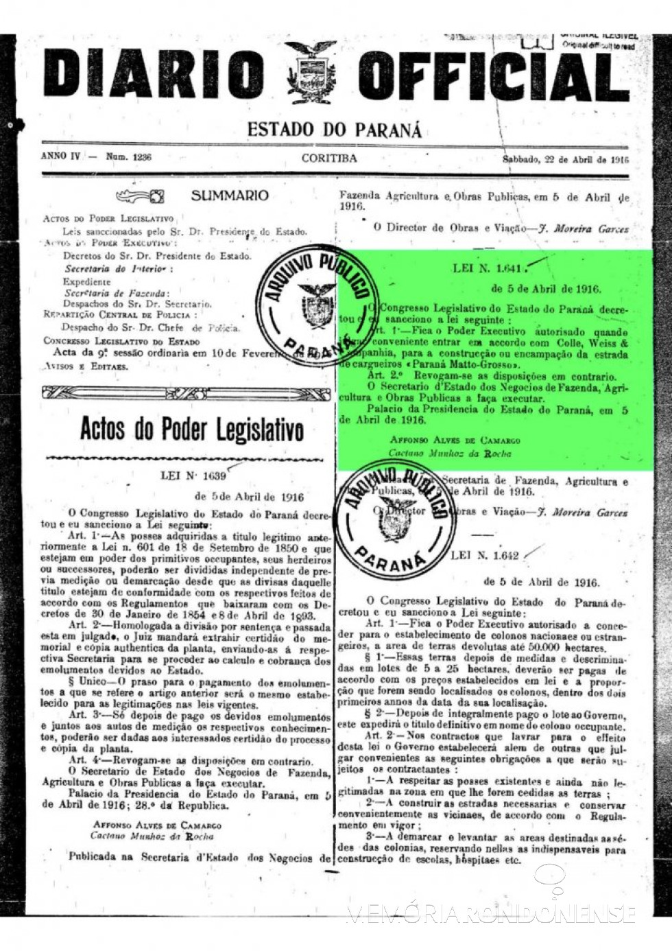 || Cópia da Lei Estadual nº 1.641 que  trata de construção ou encampação de estrada.
Imagem: Acervo Arquivo Público do Paraná  - FOTO 6 - 