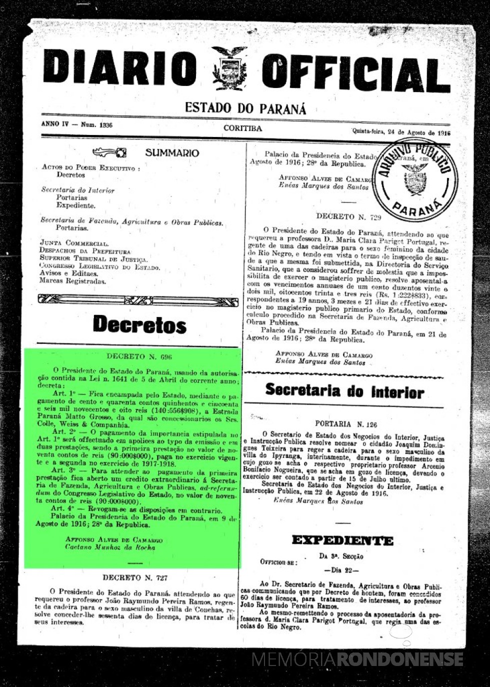 || Publicação do Decreto nº 696 do Governo do Paraná no Diário Oficial do Estado.
Imagem; Acervo Arquivo Público do Paraná - FOTO 4 - 
