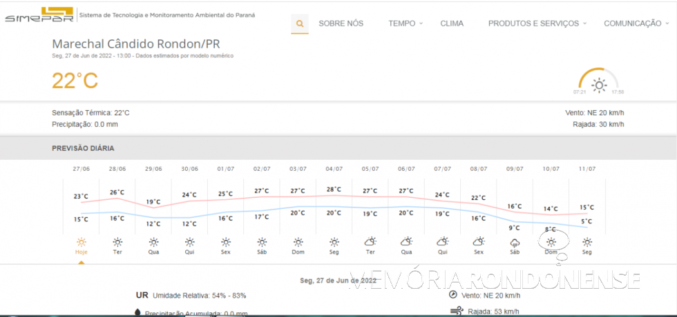 || Painel digital do Sistema de Tecnologia e Monitoramento  Ambiental do Paraná (SIMEPAR), com a previsão semanal para o dia 27 de junho de 2022  e dias seguintes para a cidade de Marechal Cândido Rondon.
Imagem; Acervo da Instituição citada - FOTO 19 -