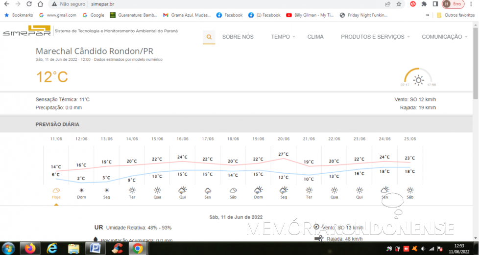 || Print da página digital na internet do Sistema de Tecnologia e monitoramento Ambiental do Paraná (SIMEPAR, com a previsão metereológica para Marechal Cândido Rondon, dia 11 de junho de 2022 e dias seguintes. - FOTO 22 -