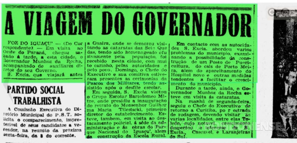 || Recorte do jornal Diário da Tarde destacando a viagem de Bento Munhoz do Rocha Neto ao Oeste do Paraná. 
Imagem: Acervo Biblioteca Nacional - FOTO 8 -