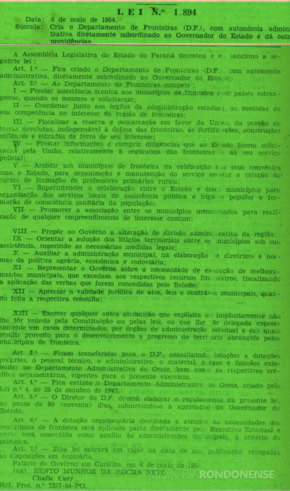 || Cópia da publicação da Lei nº 1894/1954, no Diário oficial do Estado nº  53, de 10 de maio de 1954.
Imagem (Remontada do original): Acervo Arquivo Público do Paraná - FOTO 4 - 
