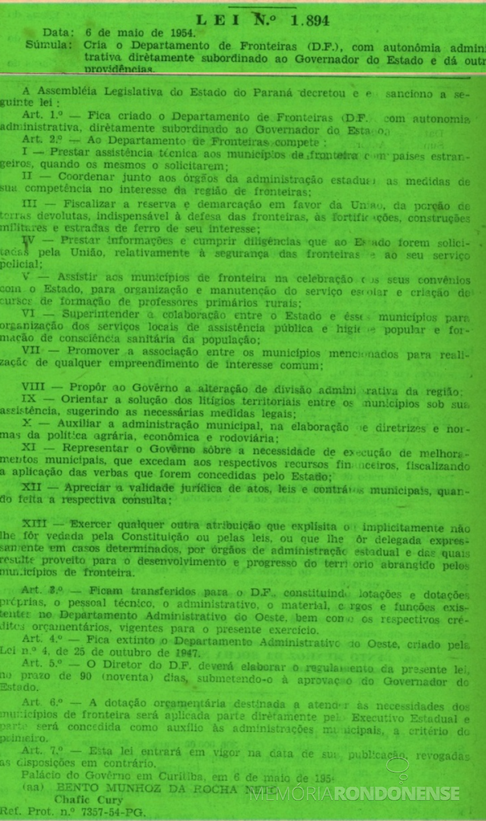 || Cópia da publicação da Lei nº 1894/1954, no Diário oficial do Estado nº  53, de 10 de maio de 1954.
Imagem (Remontada do original): Acervo Arquivo Público do Paraná - FOTO 4 -