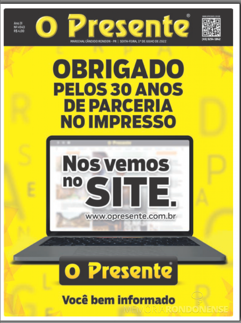 || Capa da última versão impressa do jornal O Presente, em 01 de julho de 2022.
Imagem: Acervo do informativo - FOTO 23 - 