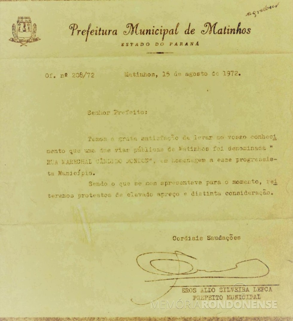 || Cópia do ofício da Prefeitura Municipal de Matinhos ao prefeito municipal de Marechal Cândido Rondon, em agosto de 1972.
Imagem: Acervo Câmara Municipal de Marechal Cândido Rondon - FOTO 14 - 