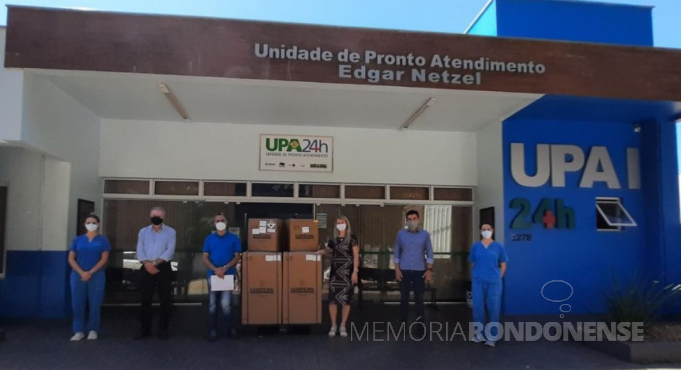 || Entrega dos ventildores mecânicos à Unidade de Pronto Atendimento (UPA), de Marechal Cândido Rondon, em março de 2021.
Da esquerda à direita: 1ª - enfermeira da UPA, 2º - Eloi Darci Podkowa, diretor vice-presidente da Cooperativa Agroindustrial Copagril; Alberi Locatelli, chefe da 20ª Regional de Saúde de Toledo; Marciane Specht, secretária municipal de Saúde de Marechal Cândido Rondon; Fernando Fenner, diretor-executivo da Sicredi Aliança PR/SP, e enfermeira da UPA..
Imagem: Acervo Imprensa PM-MCR - FOTO 22 -